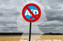 Deutschlandkarte vor Landschaft mit AfD-Verbotsschild