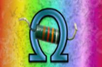 Ein Regenbogen-Hintergrund mit einem Omegazeichen und einem Widerstand davor