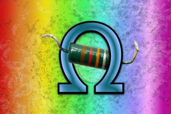 Ein Regenbogen-Hintergrund mit einem Omegazeichen und einem Widerstand davor