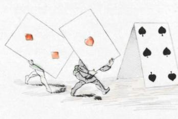 Ein Kartenhaus wird gebaut (Cartoon)