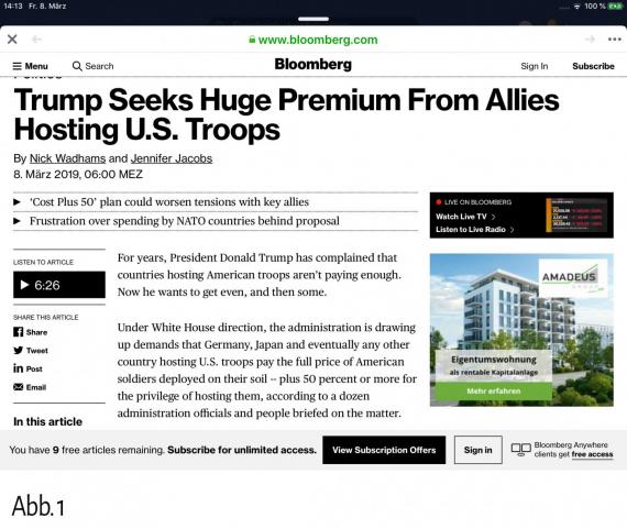 Bloomberg berichtet über Trumps Forderung, für die US-Truppenpräsenz zu zahlen