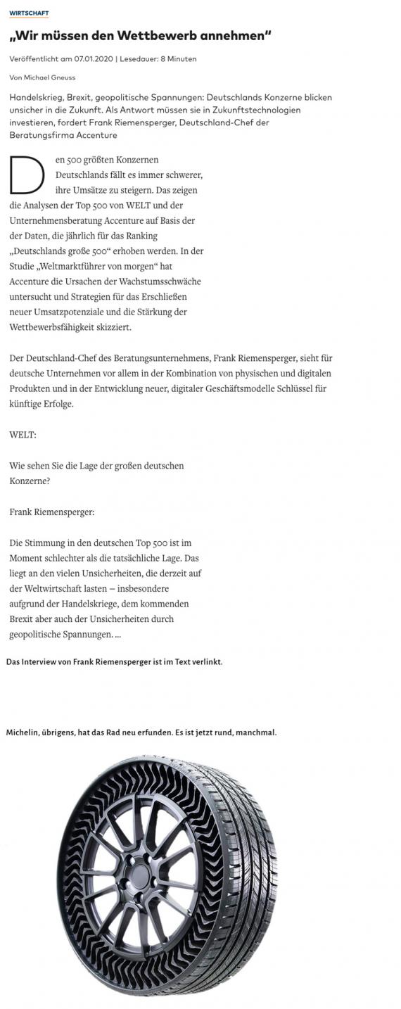 Anfang des Artikels aus der Welt und Abbildung des Reifens von Michelin