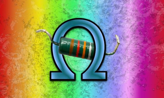 Ein Regenbogen-Hintergrund mit einem Omegazeichen und einem Widerstand davor