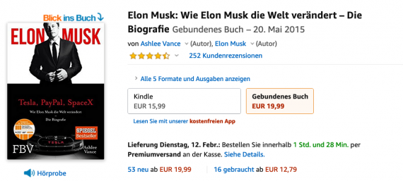 Abbildung der Artikelseite &quot;Elon Musk&quot; (Biografie) auf Amazon