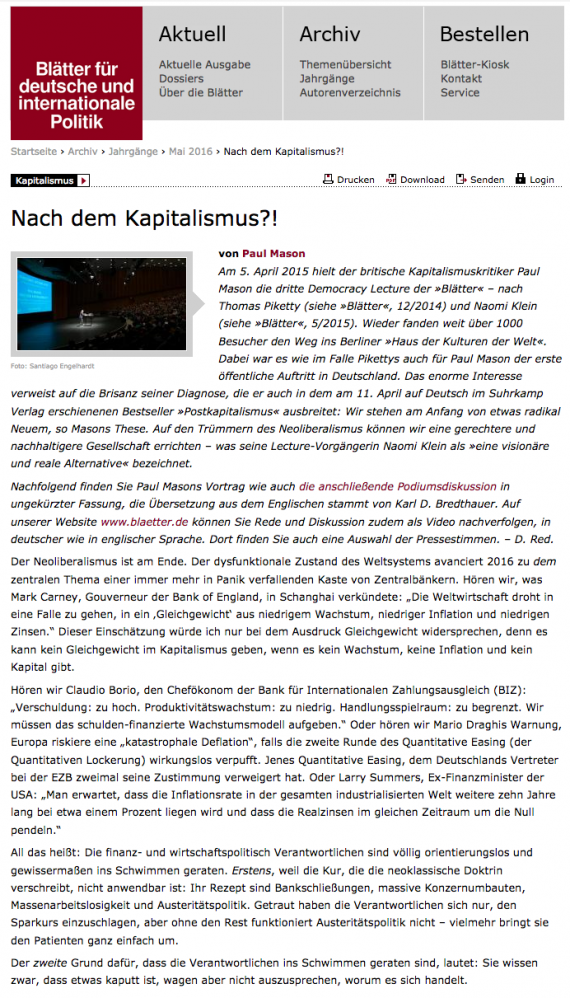 Text - Nach dem Kapitalismus von Paul Mason in den Blattern